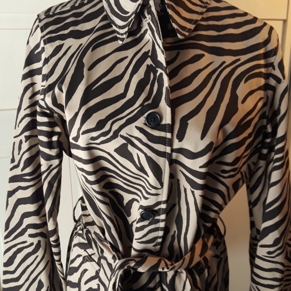 Chaps Zebra Print Trench Coat - Black and Tan - Picture 3 of 13
